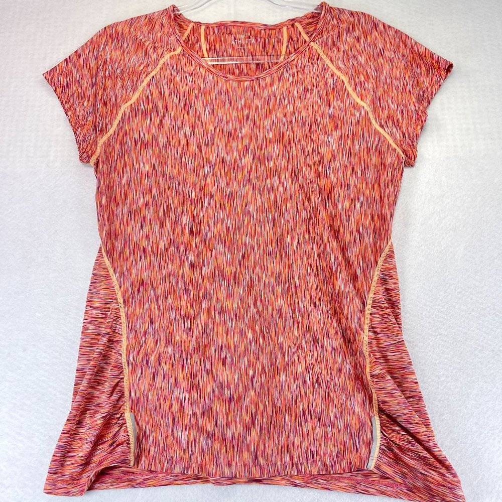ATHLETA Womens L Orange Peach Performance Top Space Dye Reflective Pocket Soft